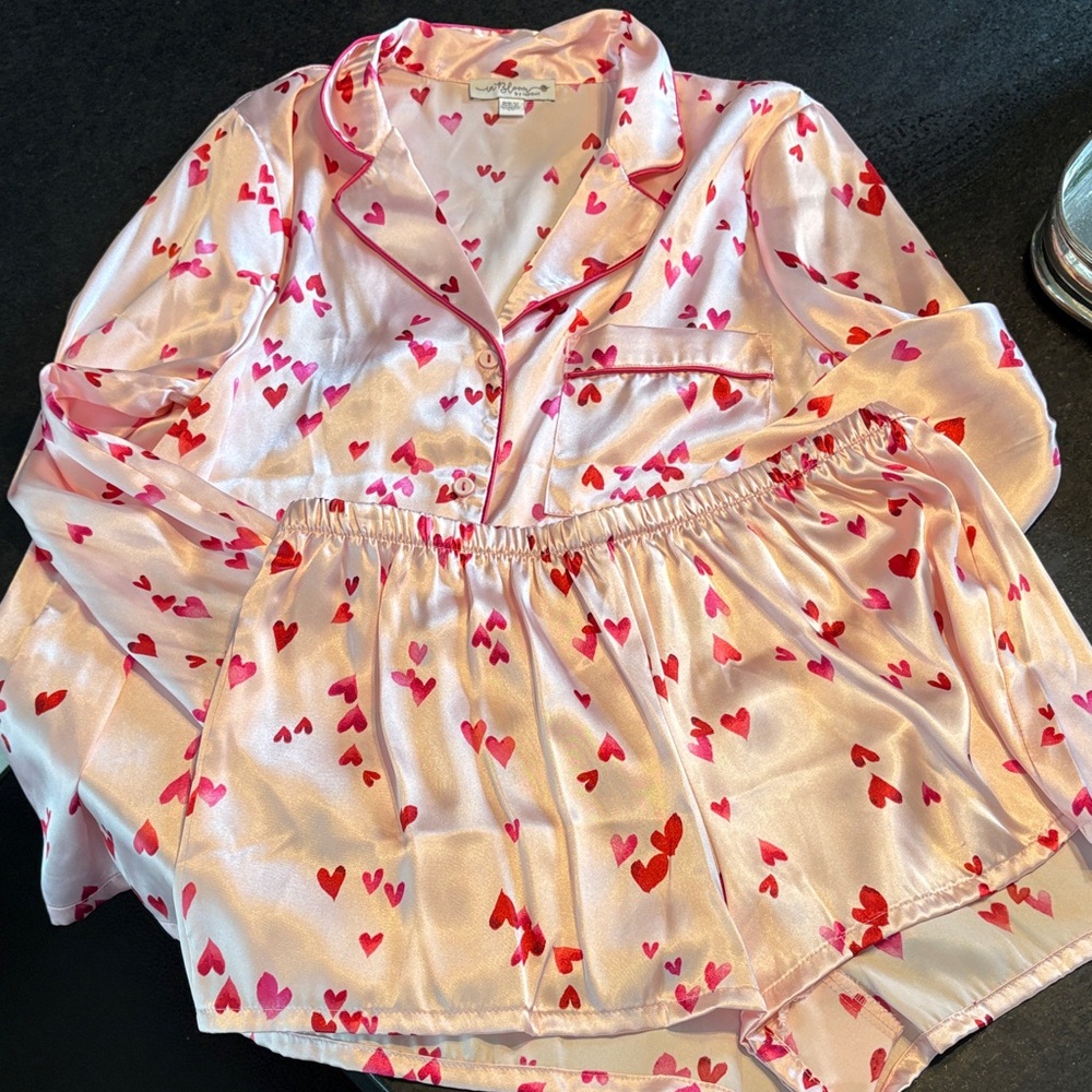 Heart Print Pink Satin Pajamas
